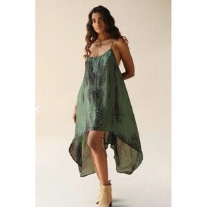 FARA Boutique Silk Zen Dress S/M Tourmaline Green Spaghetti Straps High Low Hem